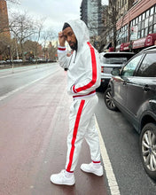 Load image into Gallery viewer, New Mens White Leather Tracksuit Set. Real Soft Sheepskin Leather Striped Hoody.
