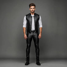 Load image into Gallery viewer, New black quilted biker leather vest for men. Genuine soft lambskin leather jacket...

