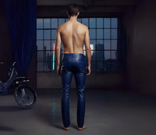 Load image into Gallery viewer, Men's Blue/ Brown Double Layered Leather Pant. Real Soft Lambskin Biker Leather Pant 34.
