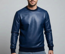 Load image into Gallery viewer, Mens &amp; Boys Blue Leather Sweatshirt. Real Sheepskin Leather Customized T-shirt M (Copy)
