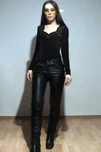 Load image into Gallery viewer, Womens New Motorcycle Leather Pant. Real Soft Lambskin Sided Laced Black Pant 34
