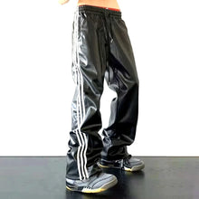 Load image into Gallery viewer, Mens Black/ Blue Leather Pants Loose Fit White Stripes Punk Biker Four Pocket Joggers.

