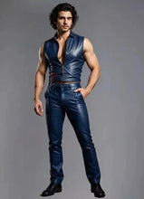 Load image into Gallery viewer, New Men's Premium Navy Blue Leather Vest &amp; Pant. Real Soft Sheepskin Leather Outfit.
