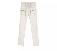 Load image into Gallery viewer, Men&#39;s New Motorcycle Leather Pant. Real Soft Lambskin Lace-up Zipper White Pant.
