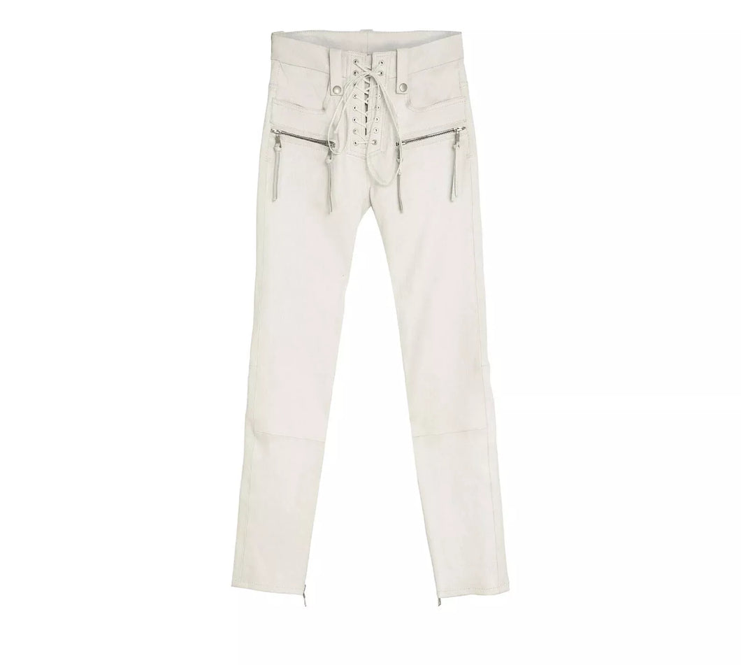 Men's New Motorcycle Leather Pant. Real Soft Lambskin Lace-up Zipper White Pant.