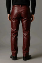 Load image into Gallery viewer, Men's Leather Burgundy Lambskin Sweat Jeans Pants. Real Soft Leather Jeans 34.
