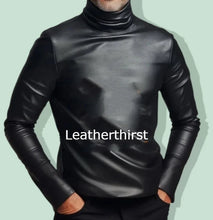Load image into Gallery viewer, New Men's Black Turtle Neck Double Layered Leather T-Shirt. Real Soft Sheepskin Leather T-shirt M
