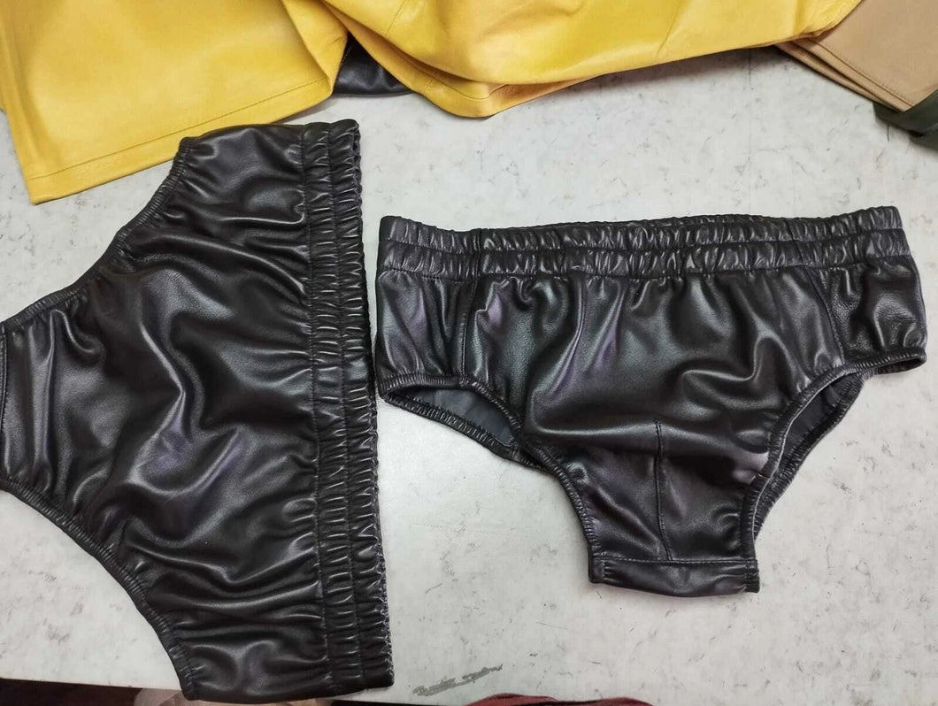 A pair of two Men's Black Briefs. Real Soft Sheepskin Leather Underwear's 32