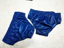 Load image into Gallery viewer, A pair of 4 Men&#39;s styled Black and Blue Briefs. Real Soft Sheepskin Leather Underwears.
