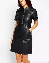 Load image into Gallery viewer, New Womens Black Bodycon Leather Dress| Real Soft Sheepskin Slim Fit Collared Dress M.
