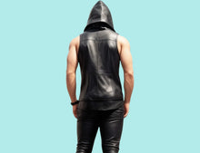 Load image into Gallery viewer, New Mens Black Hooded Leather Vest. Real Soft Sheepskin Leather Biker Vest. XL
