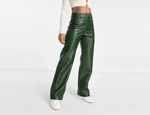 Load image into Gallery viewer, Green celebrity leather pants for women | Vintage pants made of genuine lambskin leather.
