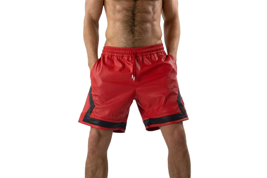 Men's Red Biker Striped Leather Shorts. Real Soft Sheepskin Breathable Leather.