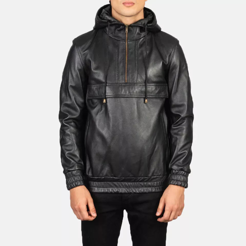 New Mens Black Hooded Bomber Leather Jacket. Real Soft Sheep Skin Leather Jacket