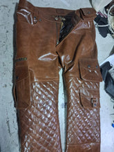 Load image into Gallery viewer, Men&#39;s Distress Brown Quilted Leather Pant| Real Cowhide 8 Pockets Leather Pant 34
