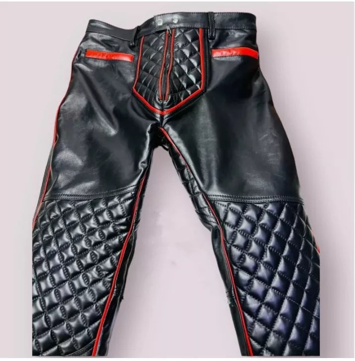 New men's quilted biker leather pants. Motorcycle pants made of genuine soft lambskin 34