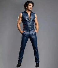 Load image into Gallery viewer, New Men's Premium Navy Blue Leather Vest &amp; Pant. Real Soft Sheepskin Leather Outfit.
