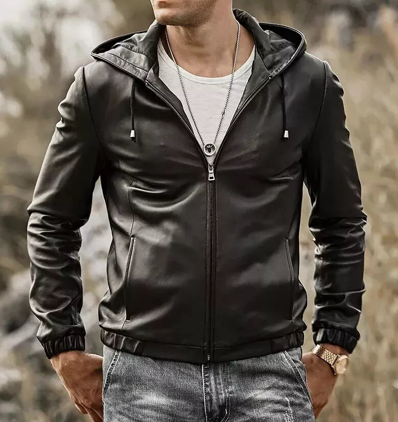 Mens New Hooded Black Leather Jacket. Real Soft Lambskin Leather Biker Jacket M