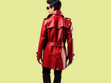 Load image into Gallery viewer, Brand New Men's Red Trench Leather Long Coat. Real Soft Sheepskin Leather Jacket
