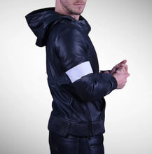 Load image into Gallery viewer, Mens &amp; Boys Black Premium Leather Hoodie. Genuine Soft Lambskin Leather Hoody
