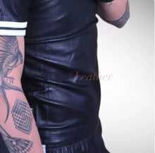 Load image into Gallery viewer, Men's &amp; boys black biker Leather T-Shirt. Real Soft Sheepskin leather| Striped.
