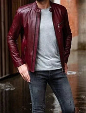 Load image into Gallery viewer, Men's burgundy leather motorcycle jacket. Genuine soft lambskin leather biker jacket.

