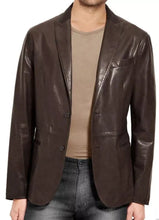 Load image into Gallery viewer, Brand New Men's Brown Color Leather Blazer. Real Soft Lambskin Leather Overcoat.
