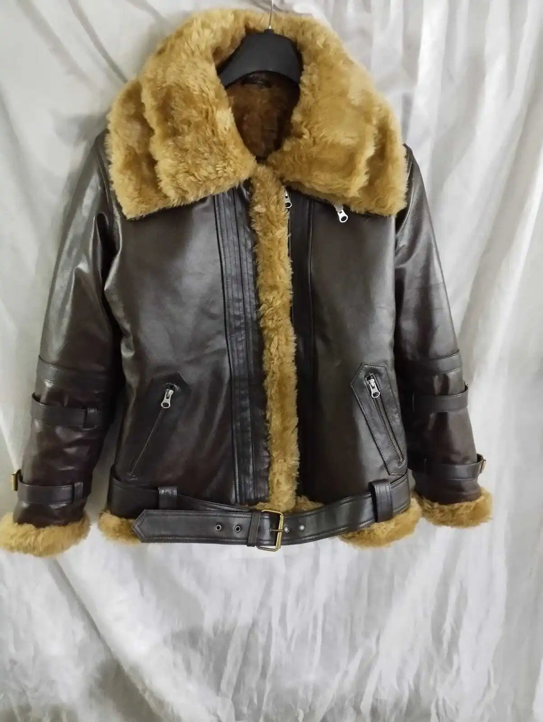 Womens Brown Shearling Leather Jacket. Real Sheepskin Leather & Faux Fur Jacket.