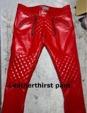 Load image into Gallery viewer, Men's Red Quilted Biker Leather Pant| Genuine Sheepskin Designer Leather Pant 34
