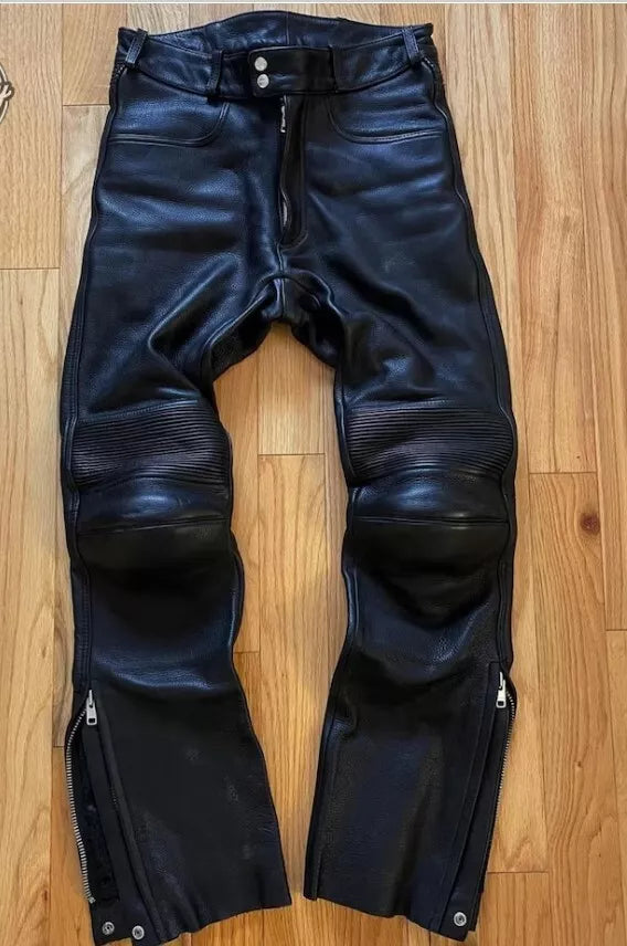 Men's Black Motorcycle Leather Pant. Real Lambskin Leather Padded Biker Pant 34.