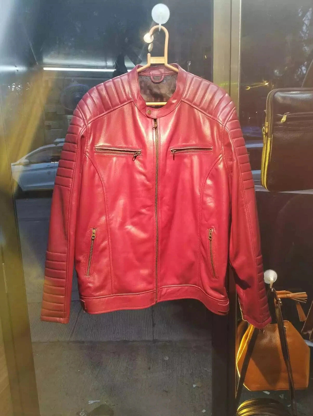 Men's Red Quilted Motorcycle Leather Jacket| Genuine Lambskin Leather Jacket XL.