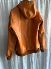 Load image into Gallery viewer, Mens Camel Tan Hooded Bomber Leather Jacket. Real Soft Sheepskin Leather Jacket.
