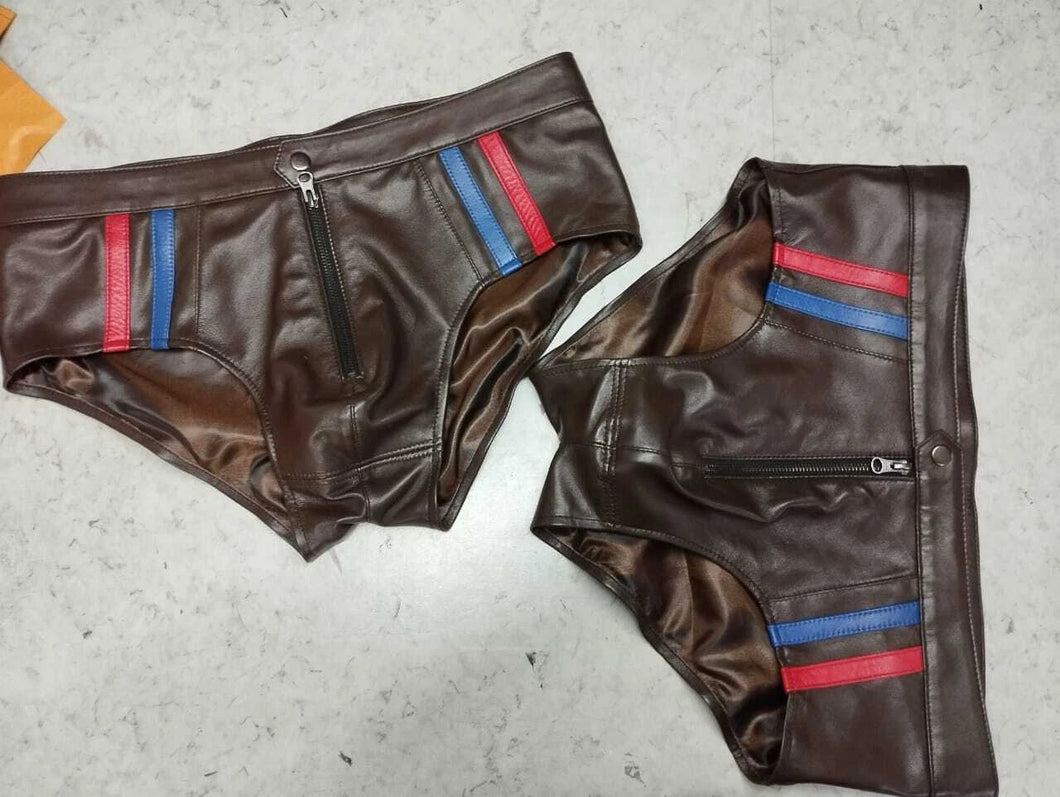 A pair of two Men's Brown Stylish Brief. Real Soft Sheepskin Leather Underwear's