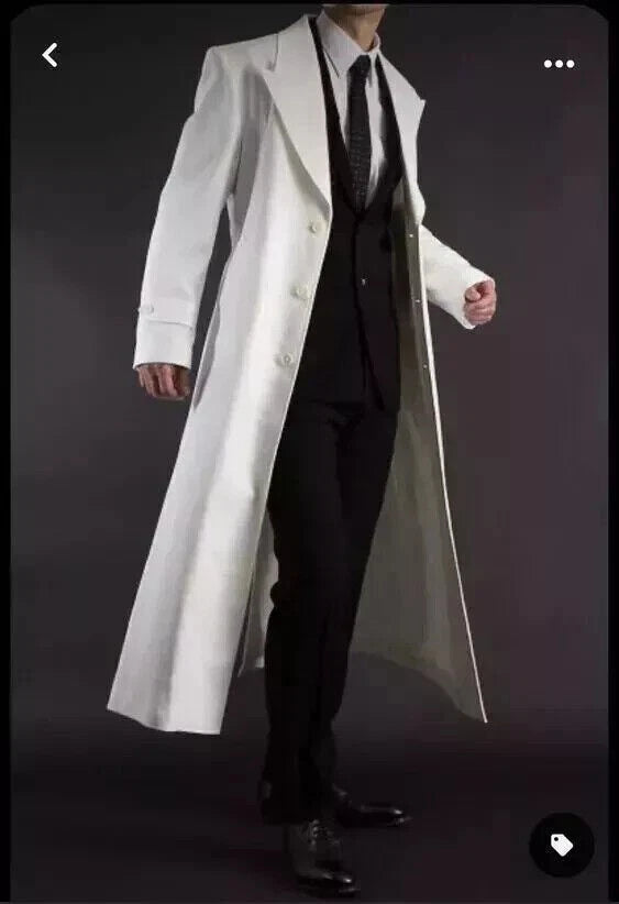 New Mens White Trench Leather Long Coat. Real Soft Lambskin Leather Jacket XL
