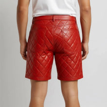 Load image into Gallery viewer, New red quilted leather shorts for mens. Genuine Sheepskin Biker leather shorts.
