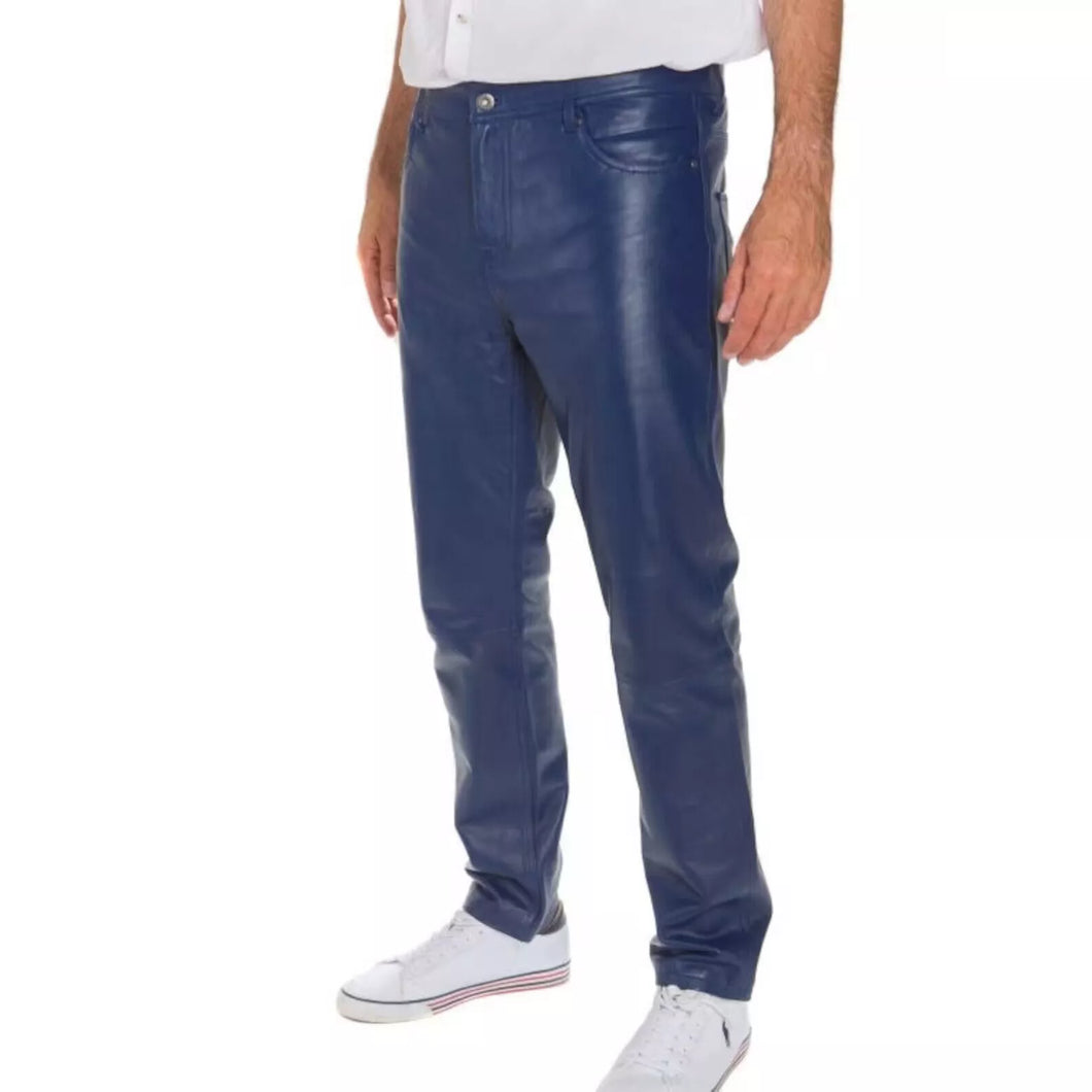 Brand New Mens Blue Premium Leather Pant. Real Soft Lambskin Biker Leather Pant.