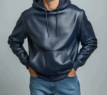 Load image into Gallery viewer, New Mens Blue Hooded Bomber Leather Jacket. Real Soft Sheepskin Leather Jacket.
