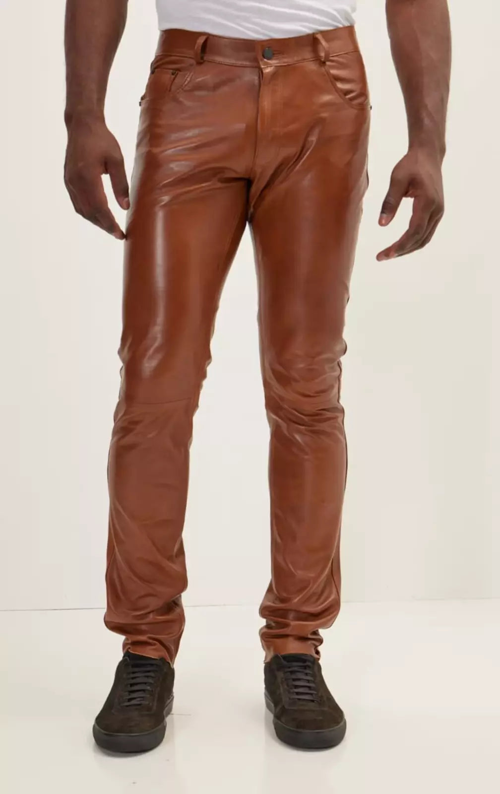 Mens New Brown Premium Leather Pant. Real Soft Lambskin Leather Jeans Pant Fit.