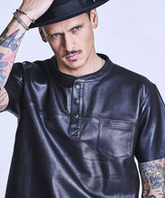 Load image into Gallery viewer, Men's &amp; Boys 100 % Real High Quality Soft Lambskin Black Leather Biker T-Shirt
