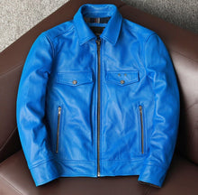 Load image into Gallery viewer, Mens Bright Blue Motorcycle Leather Jacket| Real Sheepskin Leather Biker Jacket.
