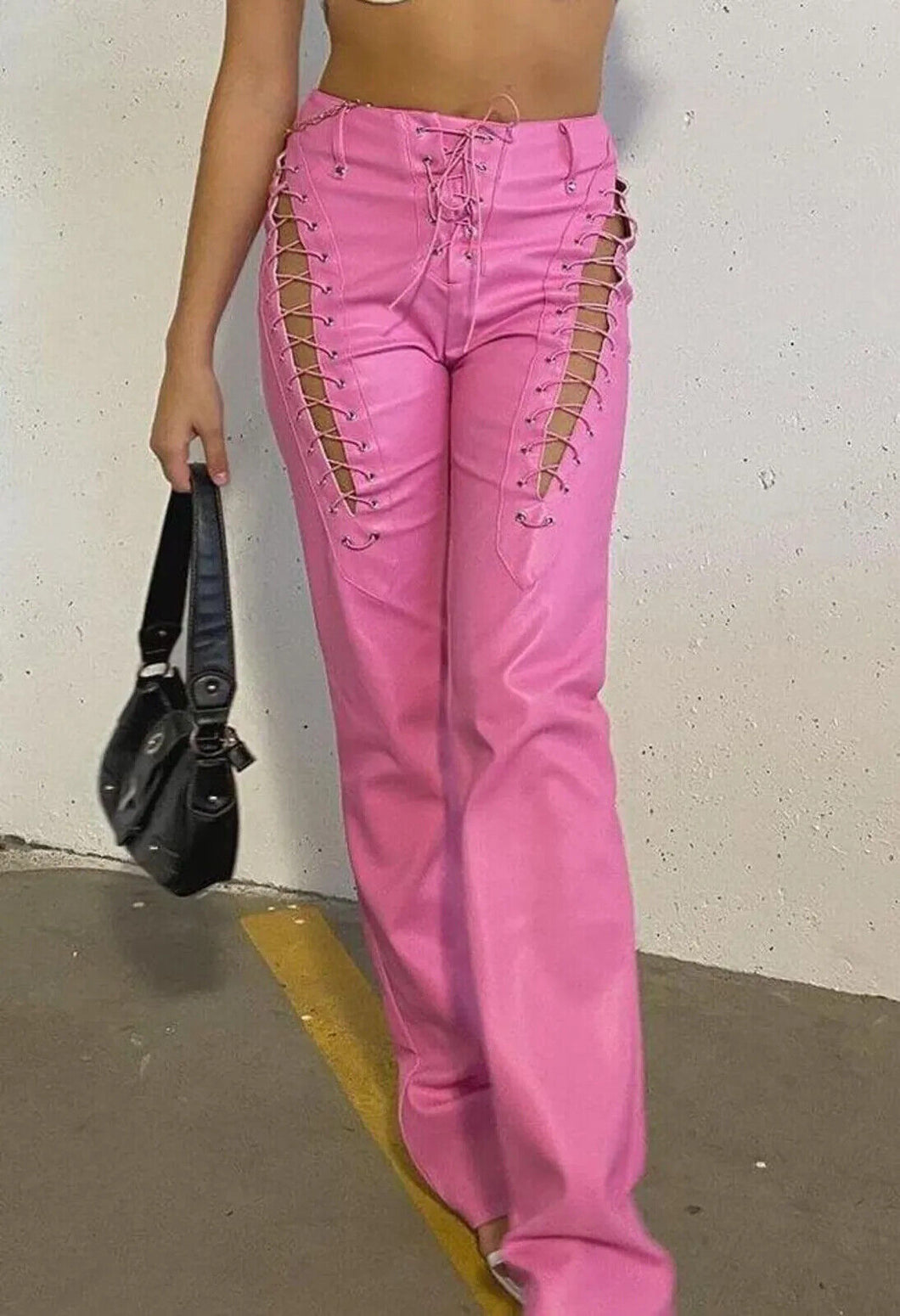 Women's New Lace Up Pink Leather Pants. Real Soft Sheepskin Biker Leather Pant.