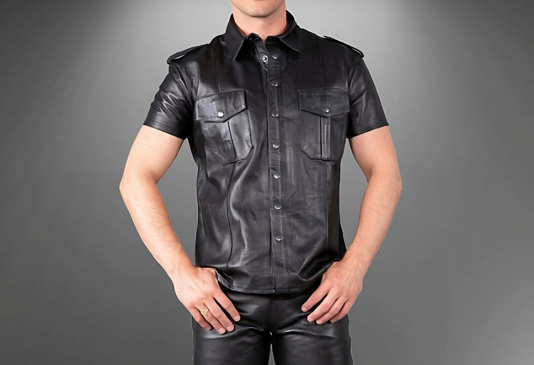 New Men's Black Leather Shirt. Real Soft Sheepskin Collared leather Shirt Jacket