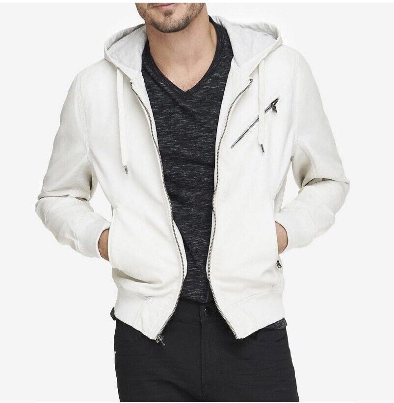 New Mens White Premium Hooded Biker Jacket. Real Soft Sheep Skin Leather Jacket.