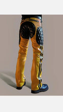 Load image into Gallery viewer, New Men&#39;s Yellow Quilted Biker Leather Pant. Real Sheepskin Striped Leather Pant.
