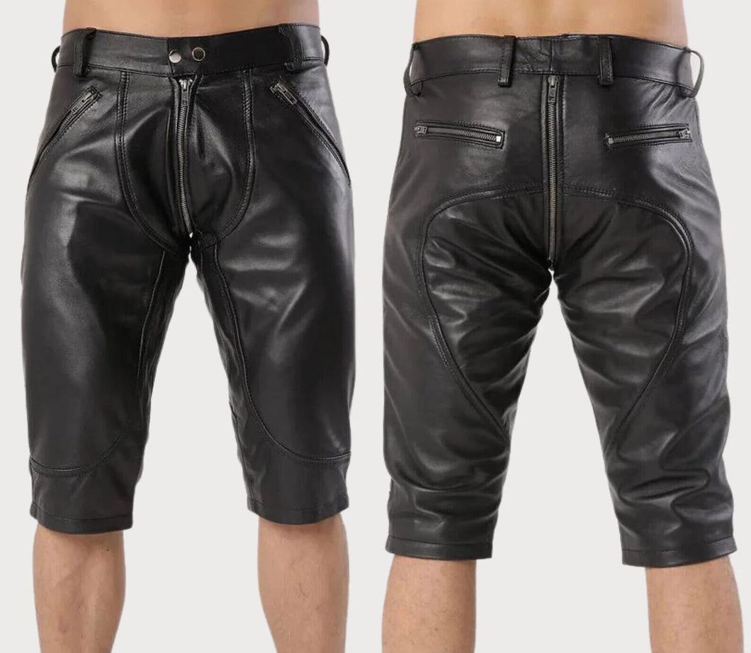 New Mens Black Zipper leather Shorts. Real Soft Sheepskin leather Bermuda Shorts.