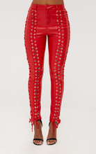 Load image into Gallery viewer, Women&#39;s Red Lace Up Capri Leather Pants. Real Soft Lambskin Biker Leather Pant..
