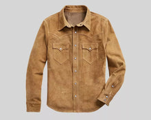 Load image into Gallery viewer, Mens Camel Tan Color Suede Leather Shirt. Genuine Sheepskin Suede leather Shirt.
