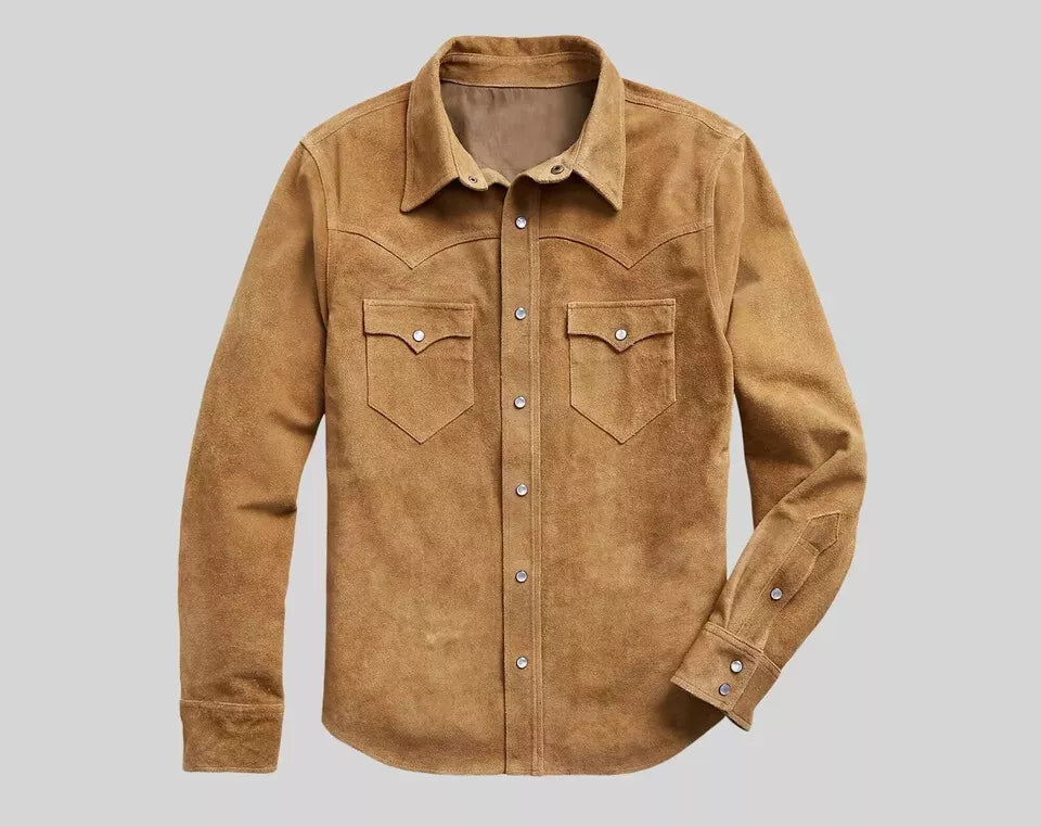 Mens Camel Tan Color Suede Leather Shirt. Genuine Sheepskin Suede leather Shirt.