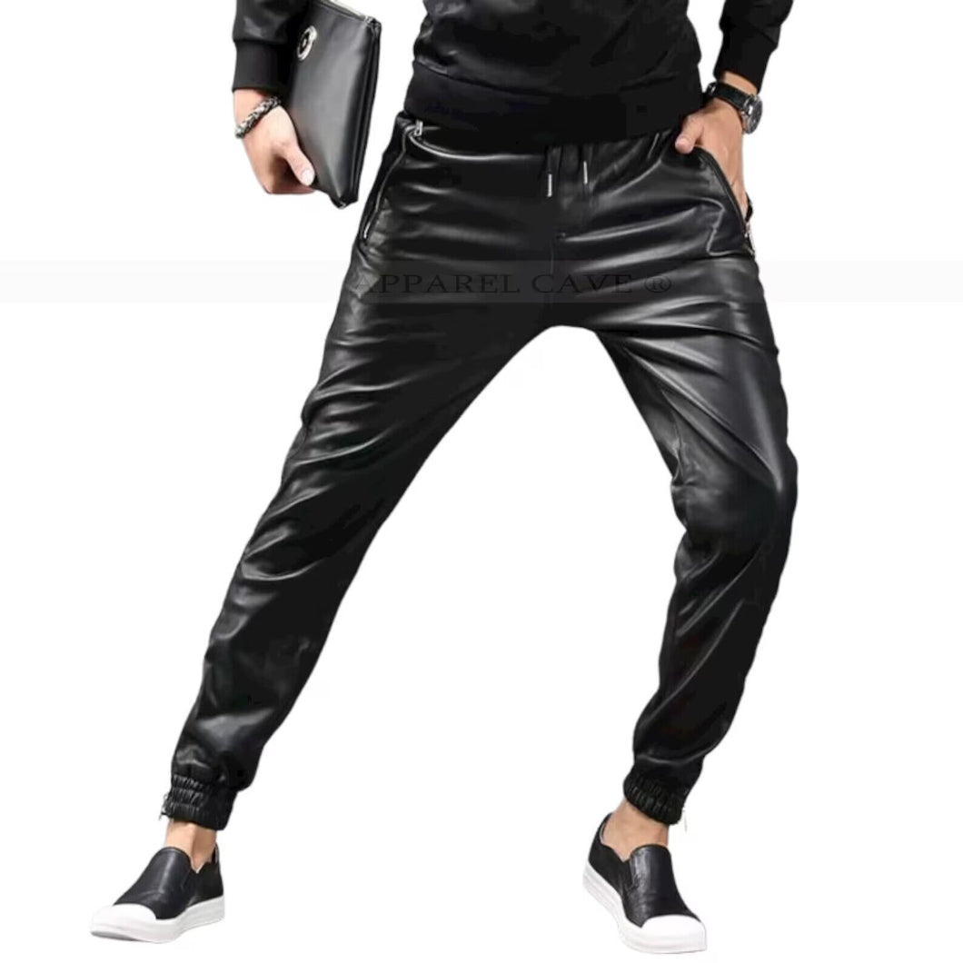 Men's New Leather Black Lambskin Sweat Pants. Real Soft Leather Joggers trousers