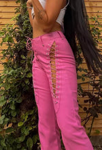 Load image into Gallery viewer, Women&#39;s New Lace Up Pink Leather Pants. Real Soft Sheepskin Biker Leather Pant.
